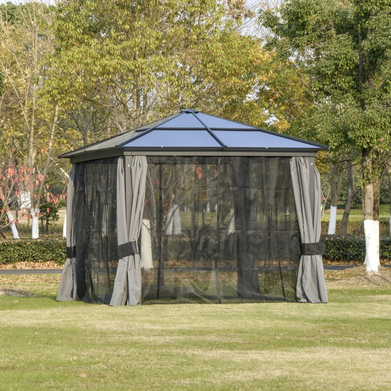 3m x 3m Premium Aluminium Hardtop Gazebo with Polycarbonate Roof, Privacy Curtains & Insect Netting – Dark Grey Garden Pavilion
