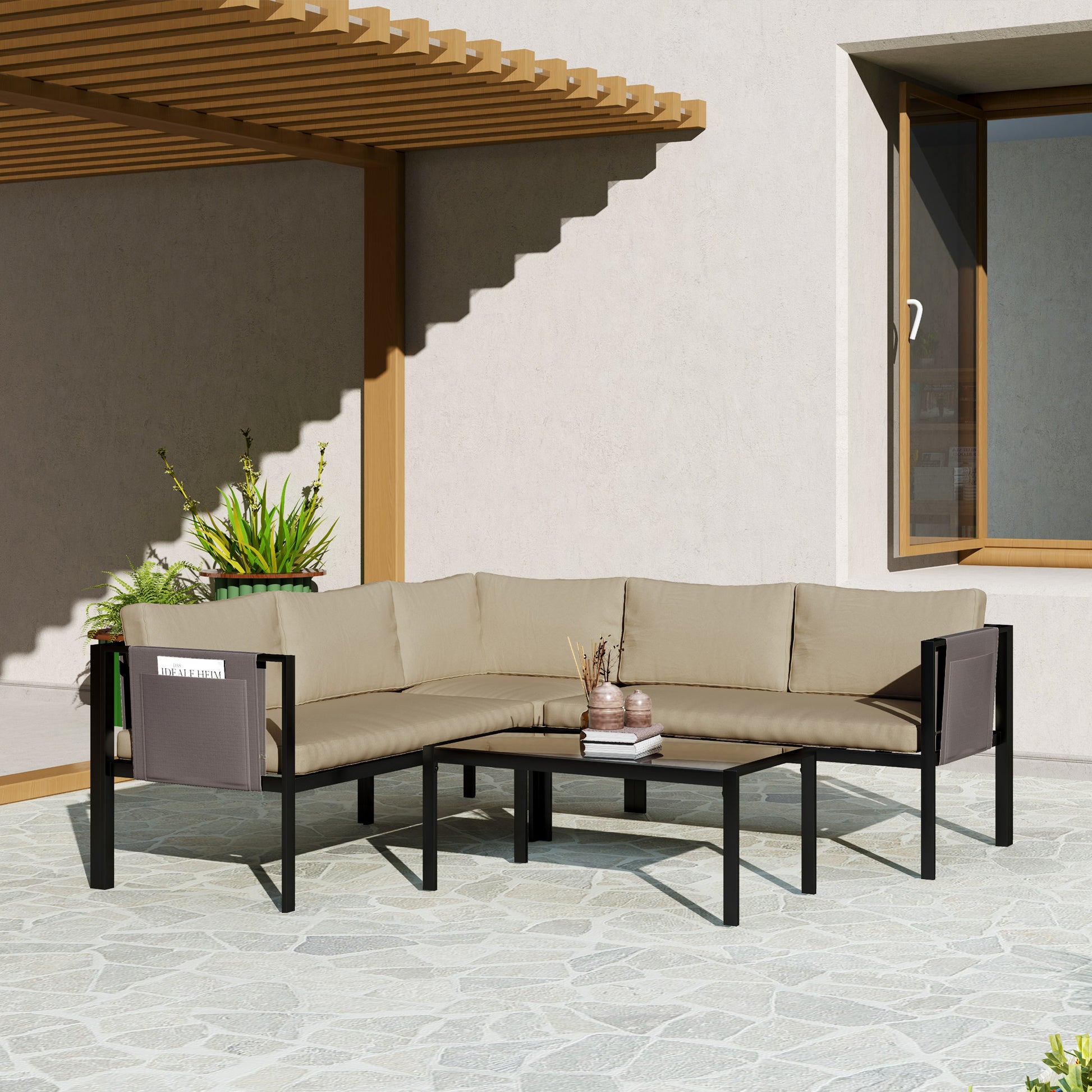 Riviera 5 Seater Garden Corner Sofa Set, 4 Pieces Metal Garden Furniture Set with Loveseats