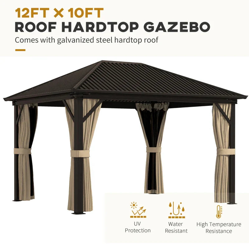 Brown 3.6m x 3m Aluminium Hardtop Gazebo - Durable Garden Shelter with Privacy Curtains