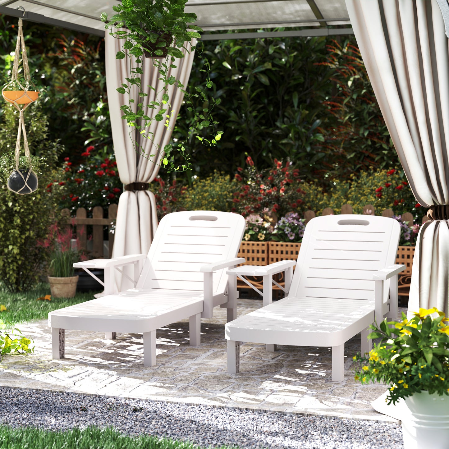 Set of 2 Resin Reclining Sun Loungers for Garden, 5 Positions Adjustable Outdoor Chaise Lounge Chairs with Wood Texture Surface, Armrests,