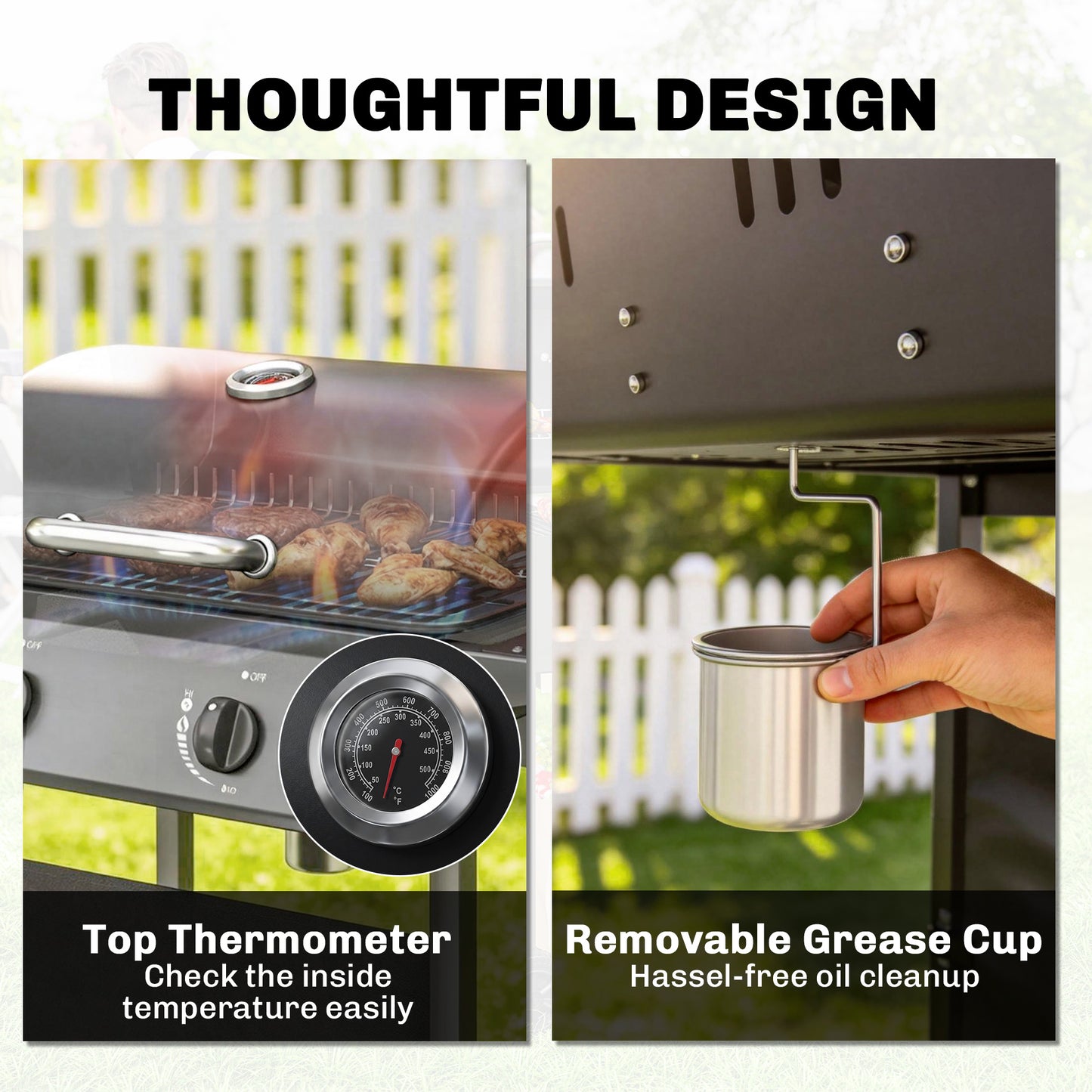 Outsunny Gas Burner Barbecue Grill, 2 Burner Gas Grill with Side Tables, Warming Rack, Shelf, Thermometer, Grease Tray, Black