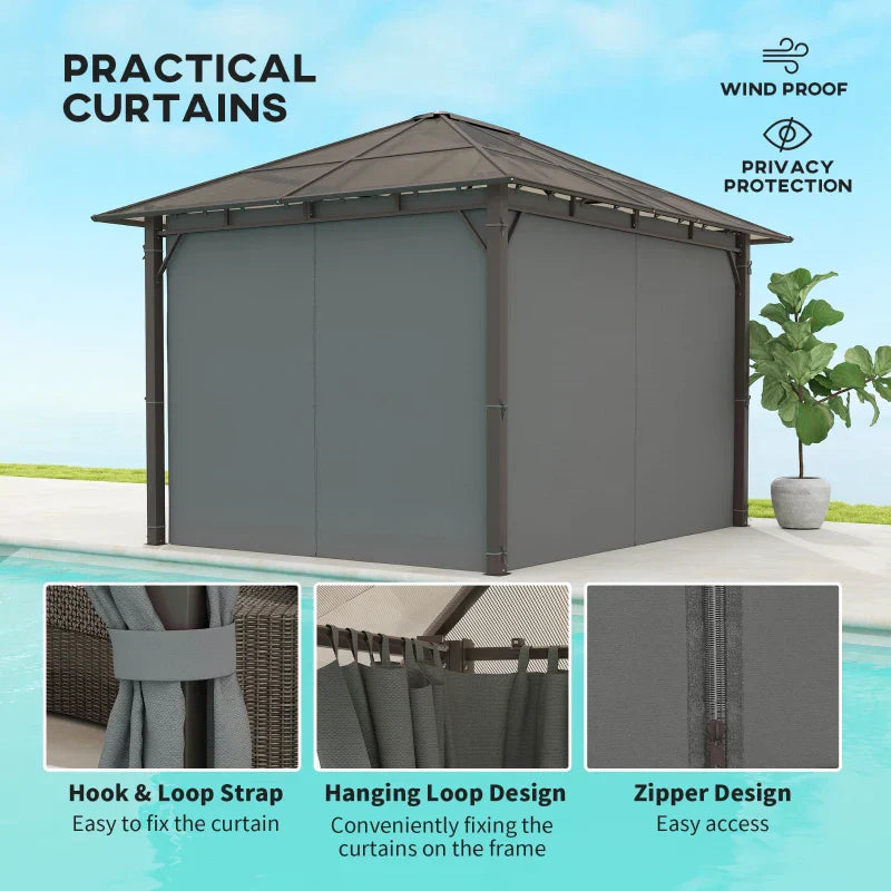 Dark Grey 3m x 3.6m Hardtop Gazebo – Polycarbonate Roof Garden Pavilion with Removable Privacy Curtains