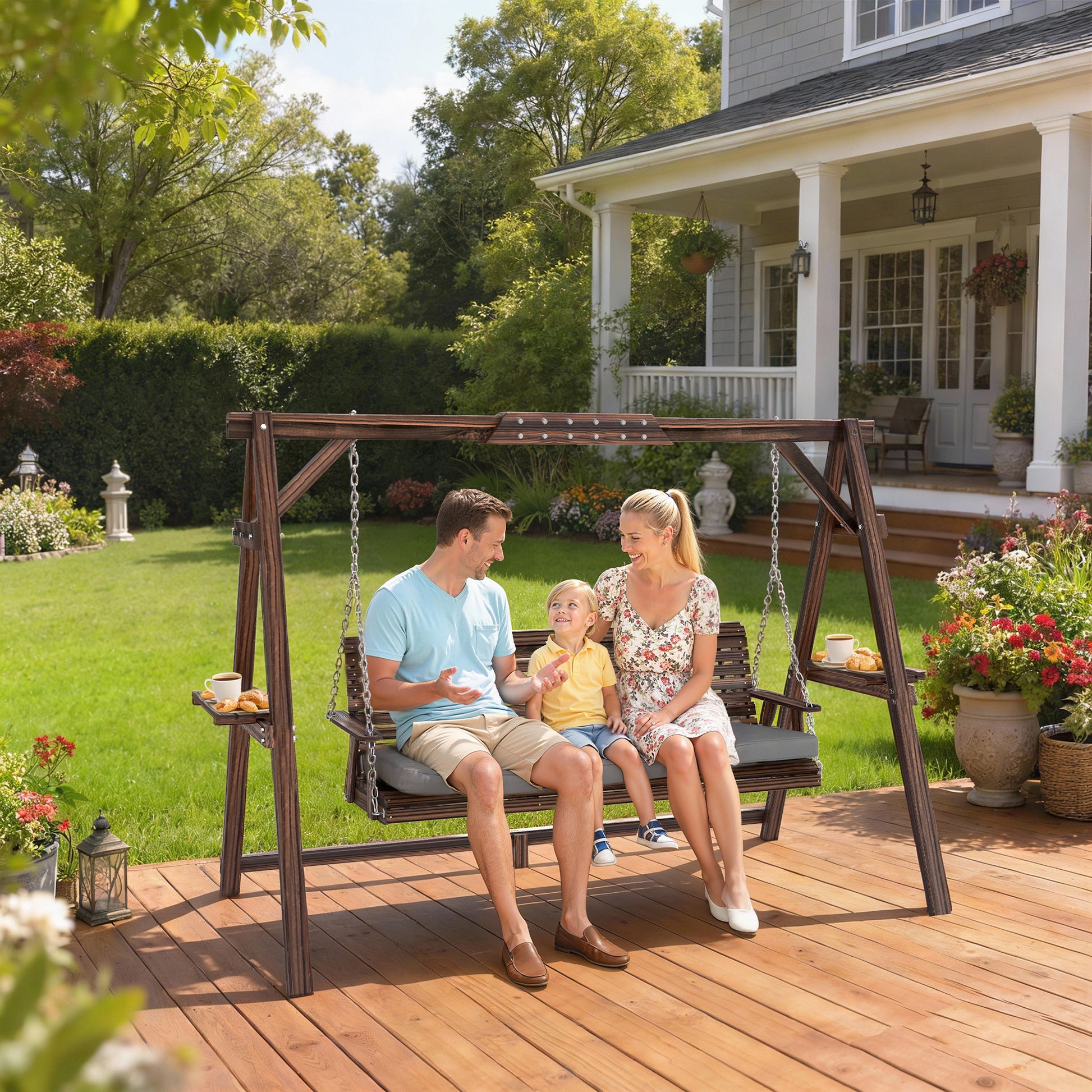 Mediterraneo 3 Seater Garden Swing Seat, Wooden Swing Chair Bench with Cushion, Side Trays and Metal Chains