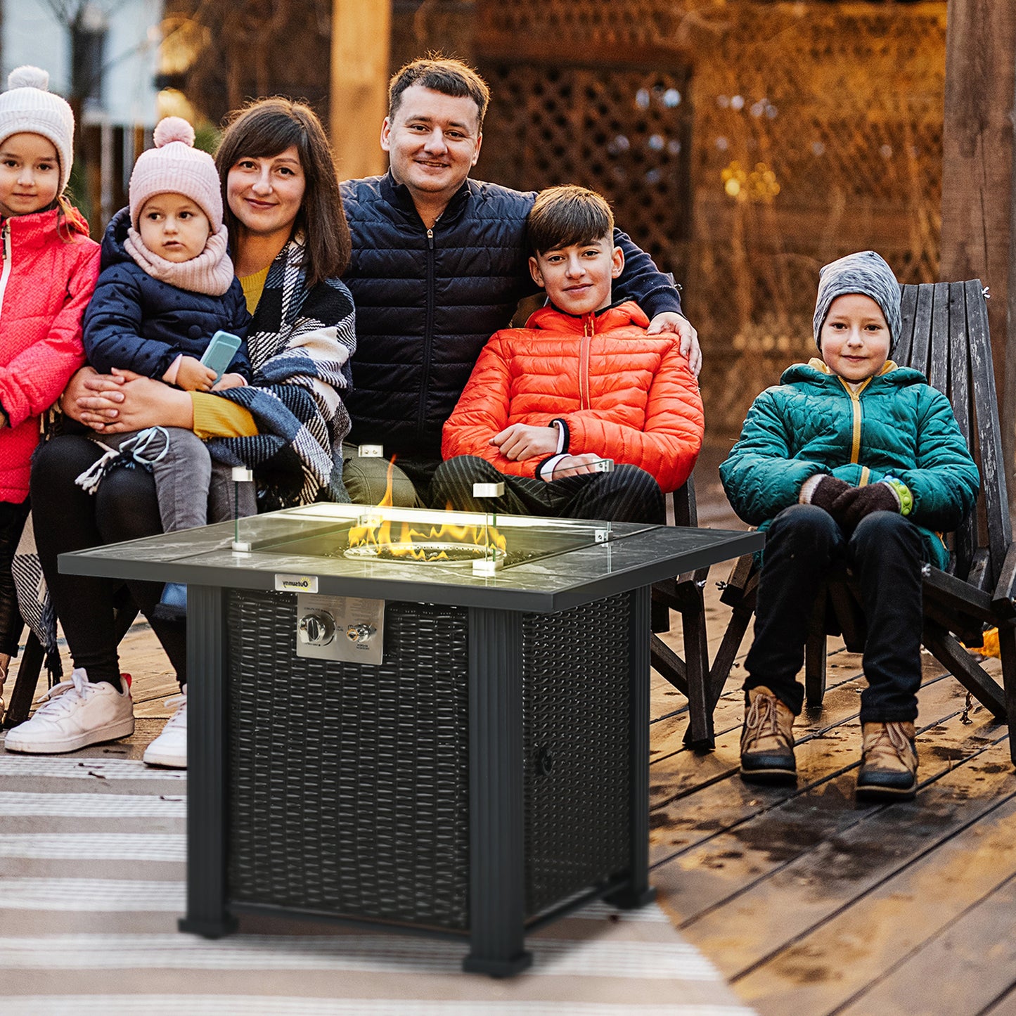 Tivoli Outdoor PE Rattan Gas Fire Pit Table, Patio Square Propane Heater with Marble Desktop, Rain Cover