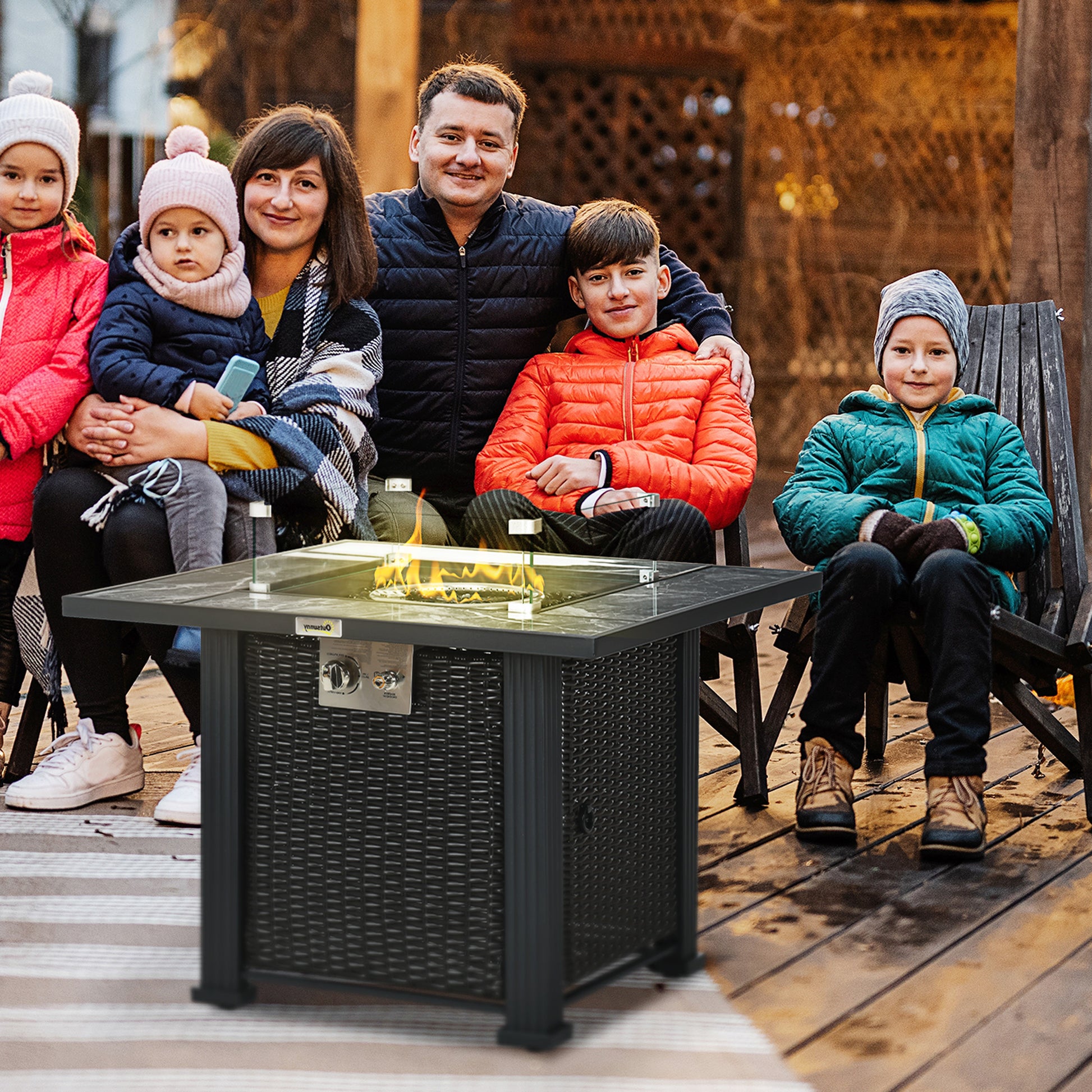 Tivoli Outdoor PE Rattan Gas Fire Pit Table, Patio Square Propane Heater with Marble Desktop, Rain Cover