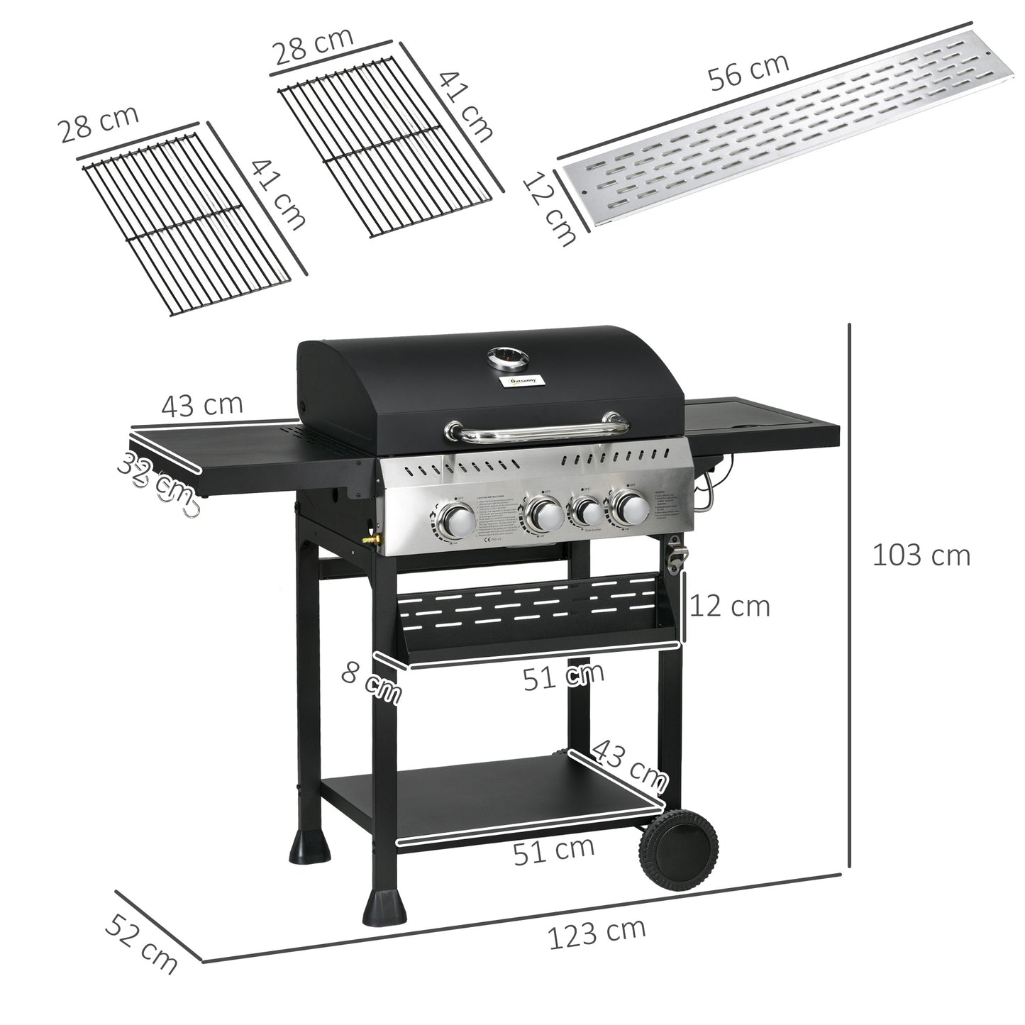 Outsunny Four-Burner Steel Gas Grill, with Thermometer - Black
