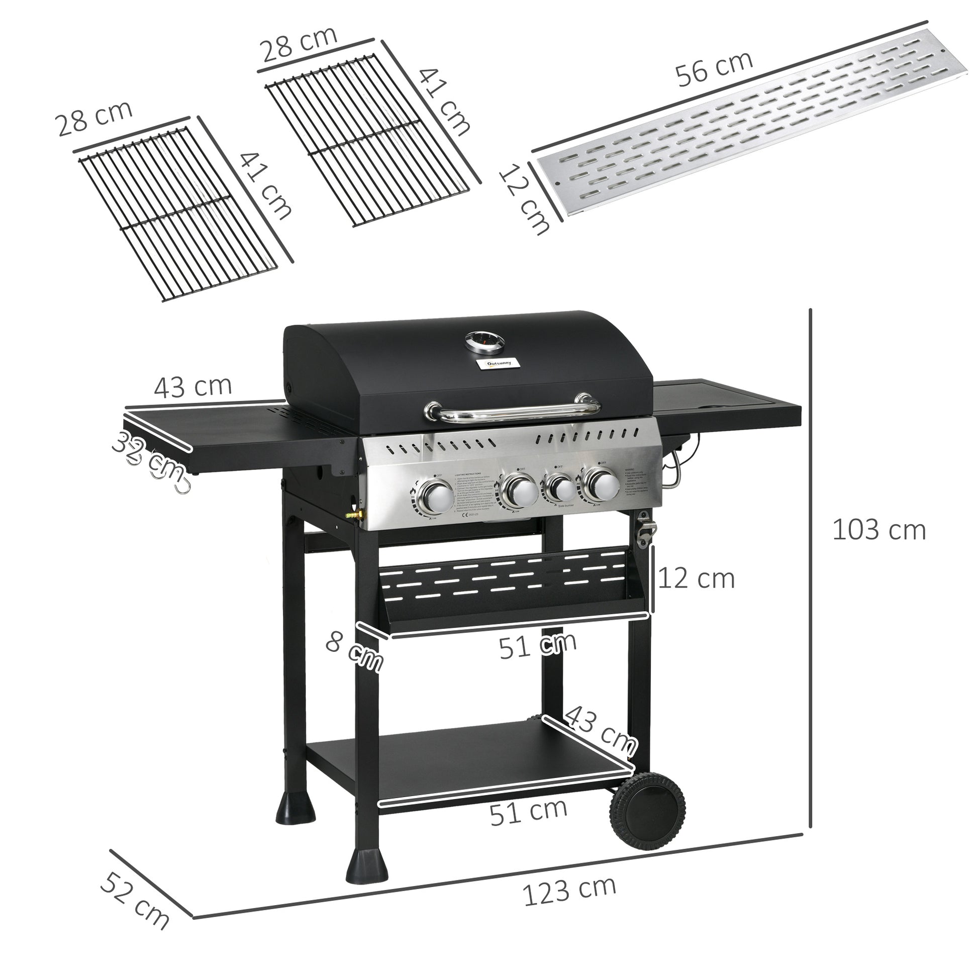 Outsunny Four-Burner Steel Gas Grill, with Thermometer - Black