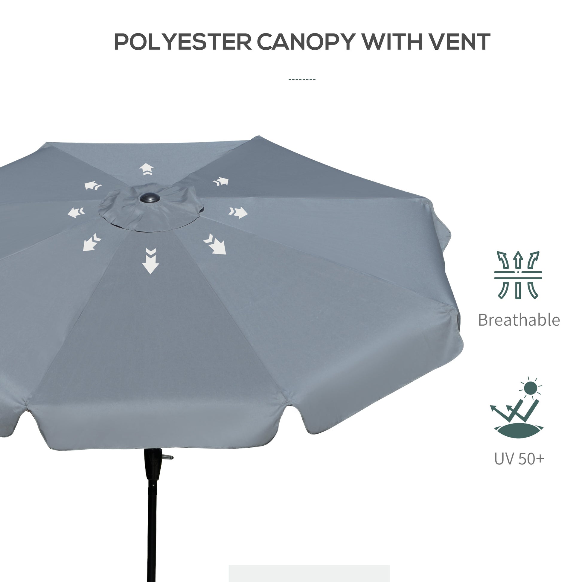 Outsunny 2.7m Patio Parasol Garden Umbrellas Outdoor Sun Shade Table Umbrella with Tilt, Crank, 8 Ribs, Ruffles, Grey