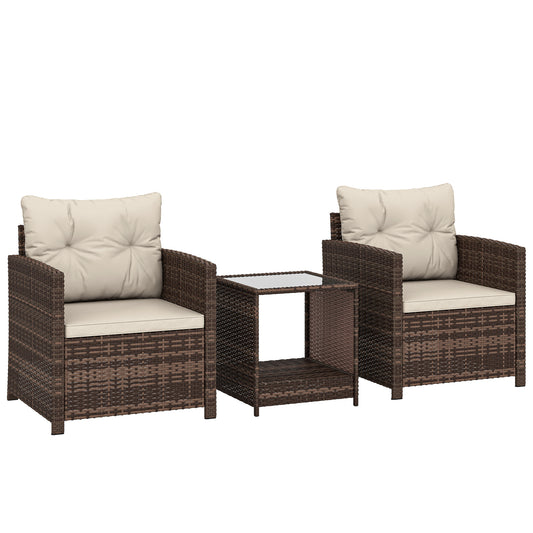 Outsunny Rattan Bistro Set, 3 Piece Garden Furniture Set with 2 Tier Glass Top Table, Mixed Brown