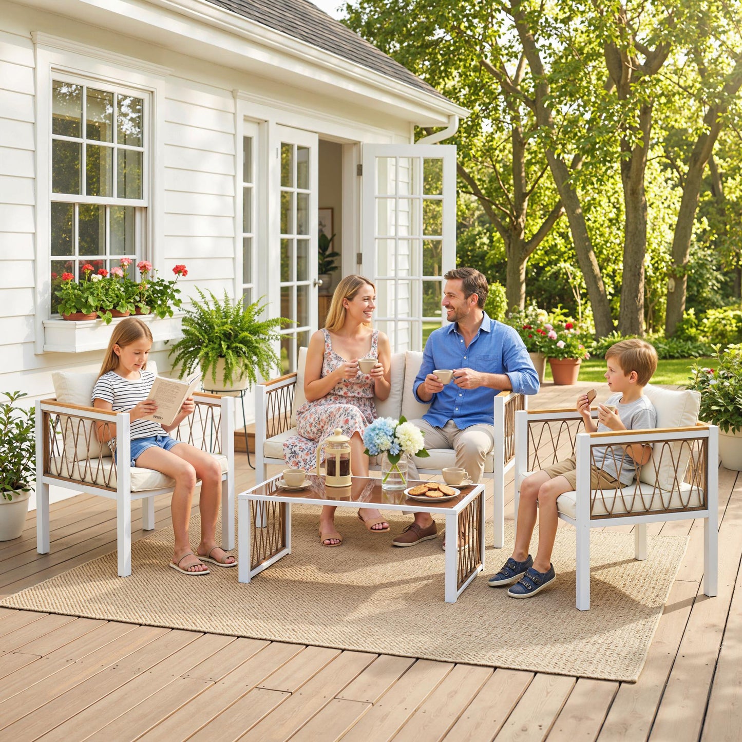 Outsunny 4 Piece Rattan Garden Furniture Set with Loveseat, 2 Armchairs, Cream White