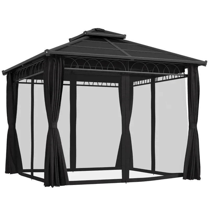 3m x 3m Dark Grey Hardtop Garden Gazebo with Polycarbonate Double Roof, Steel Frame, Privacy Curtains & Insect Netting Outdoor Pavilion