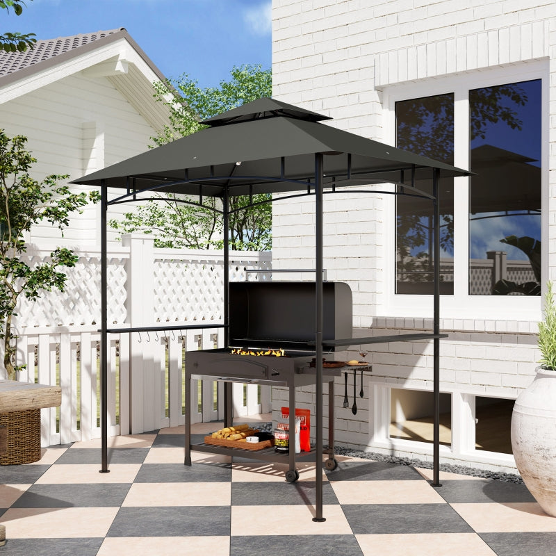 8ft x 5ft Dark Grey BBQ Gazebo Shelter with Double Vent Roof, LED Lighting, Side Shelves & Outdoor Grill Canopy