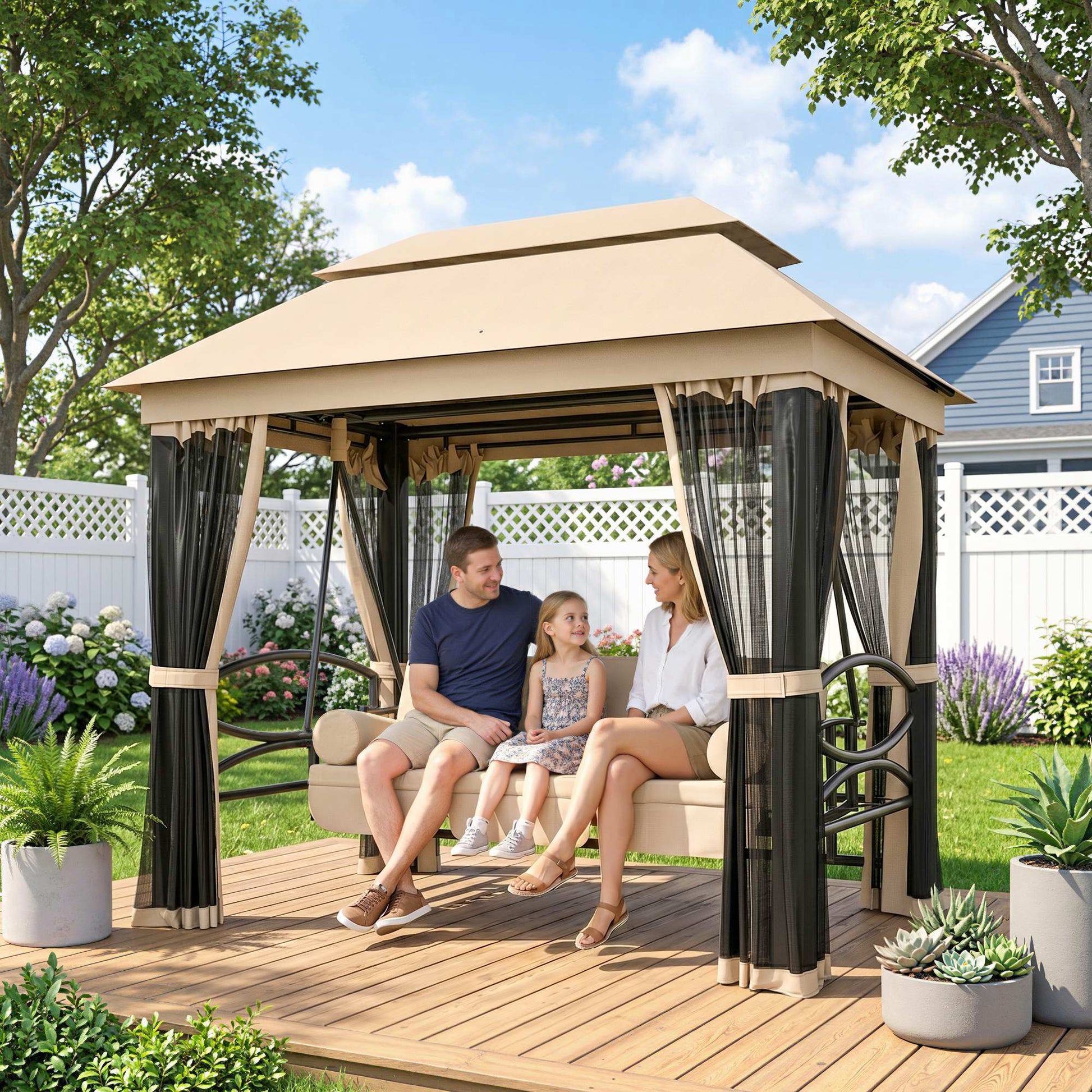 Outsunny 3 Seater Swing Chair 3-in-1 Convertible Garden Swing Seat Bed Gazebo Patio Bench Outdoor with Double Tier Canopy, Cushioned Seat, Mesh Sidewalls, Beige