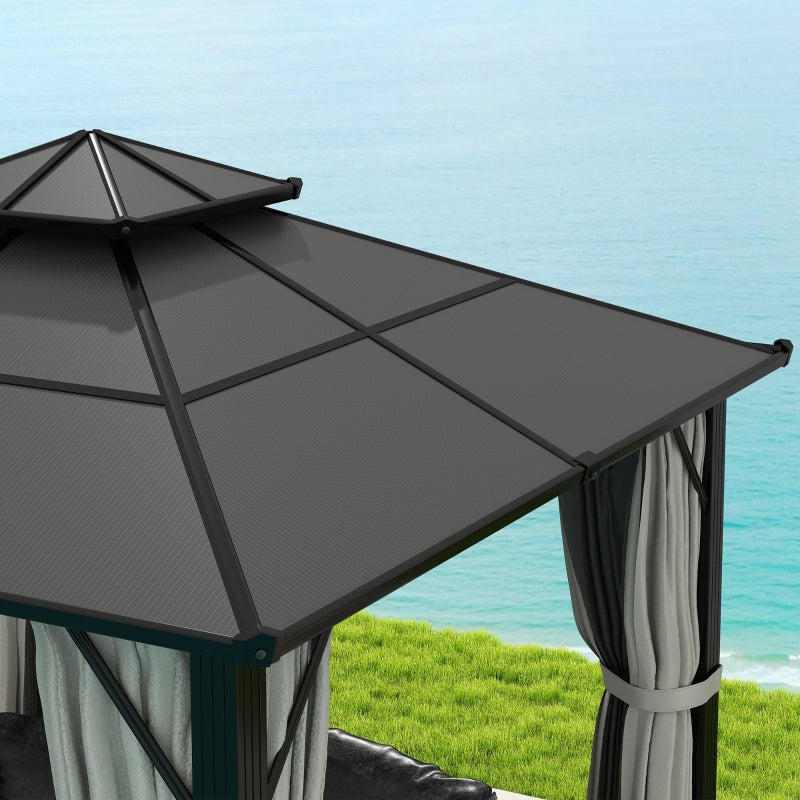 Grey 3m x 3m Permanent Hardtop Gazebo with UPF30+ Polycarbonate Roof, Aluminium Frame, Curtains & Mosquito Netting