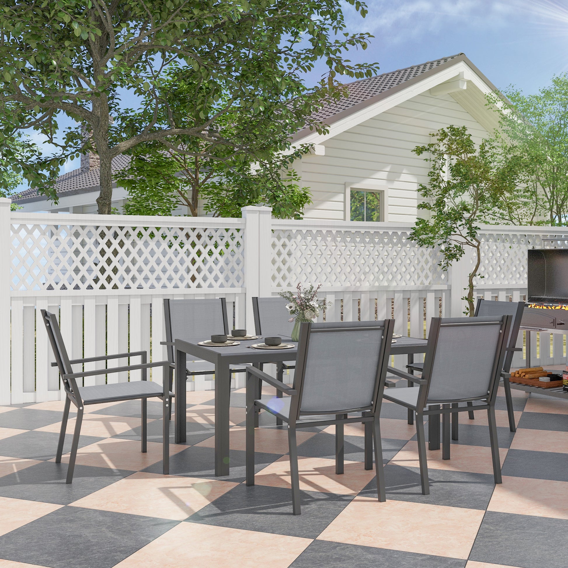 Seven-Piece Garden Dining Set, with Plastic Wood-Top Table - Grey