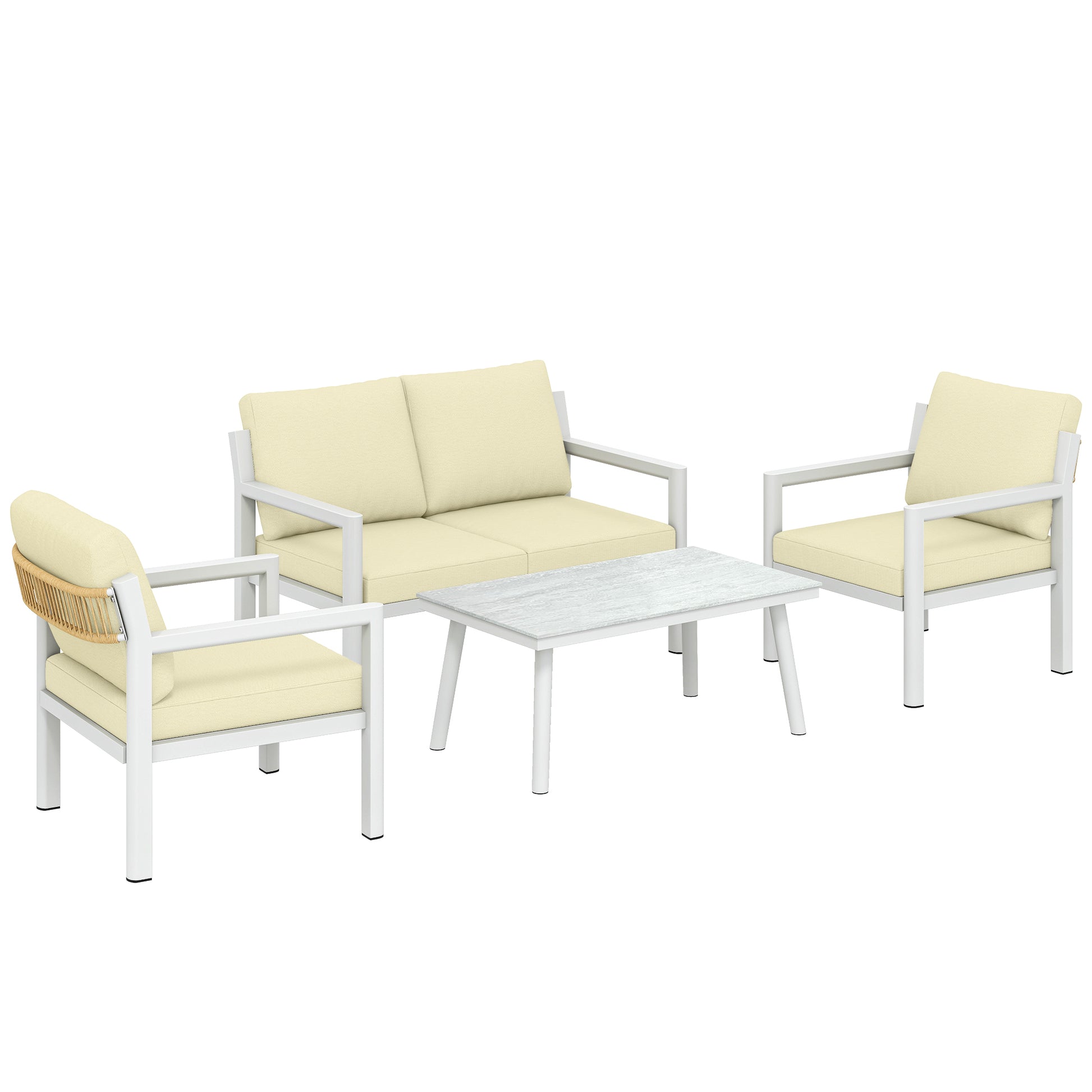 Outsunny 4 Seater Rattan Garden Furniture Set with 2 Armchairs, Loveseat, Coffee Table, Garden Sofa Set with Cushions, Cream