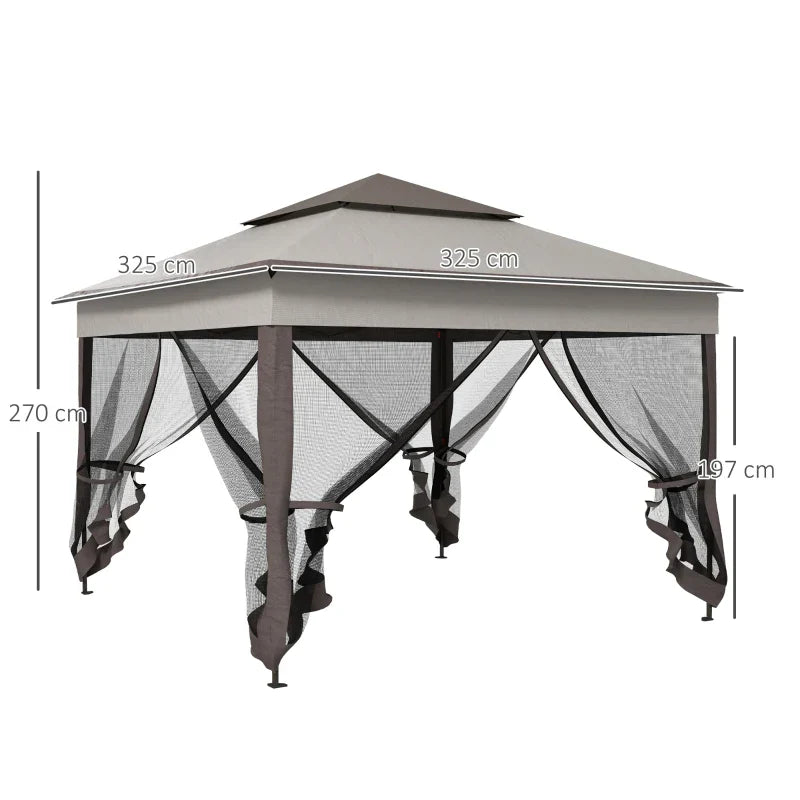 3.25m x 3.25m Brown & Grey Pop – Up Garden Gazebo – Double Tier Roof Metal Frame Pavilion with Mesh Curtains, Carry Bag & Outdoor Event Shelter