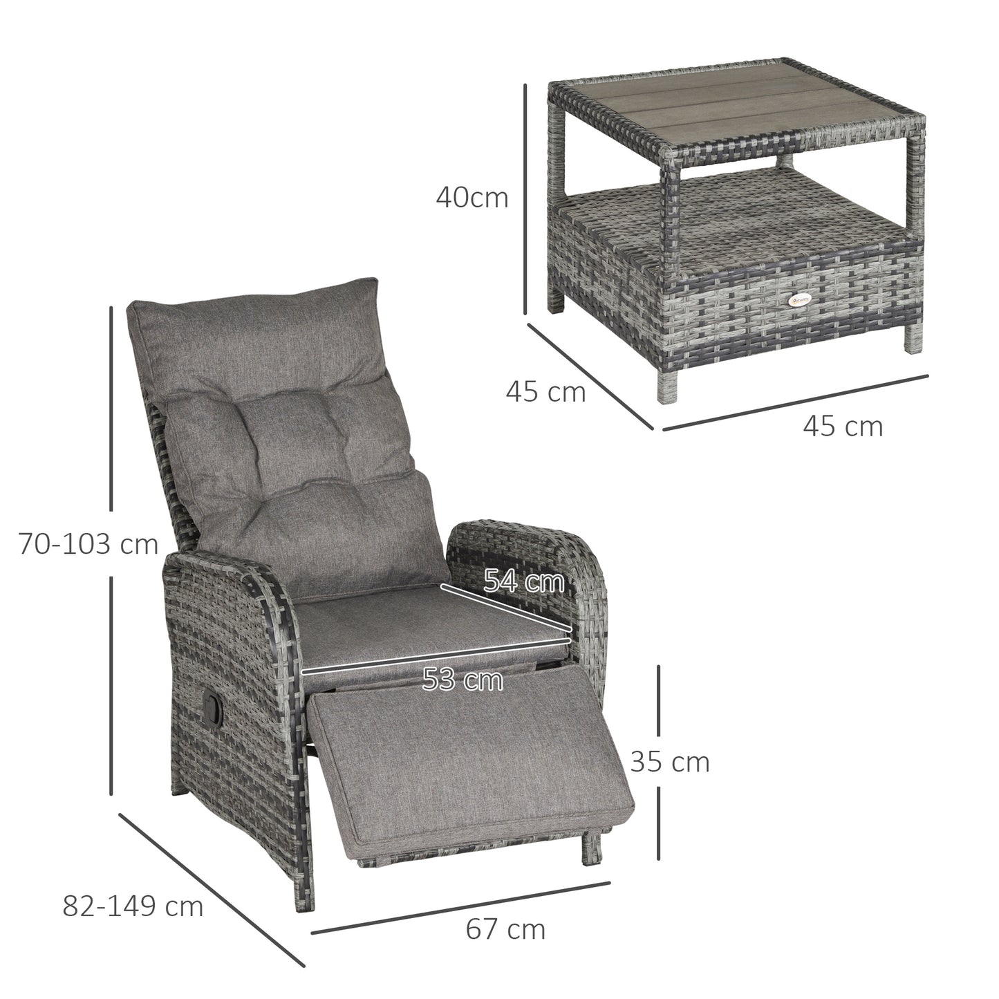 Outsunny 2 Seater Patio Wicker No installation Chaise Lounge Sofa Set with Fabric Cushion, Grey