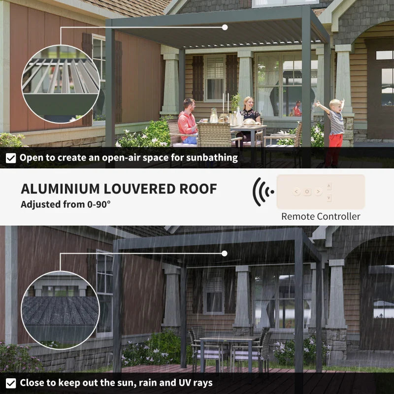 3m x 3m Dark Grey Motorised Aluminium Pergola with Remote – Controlled Louvered Roof, LED Lighting & Integrated Rainwater Drainage System