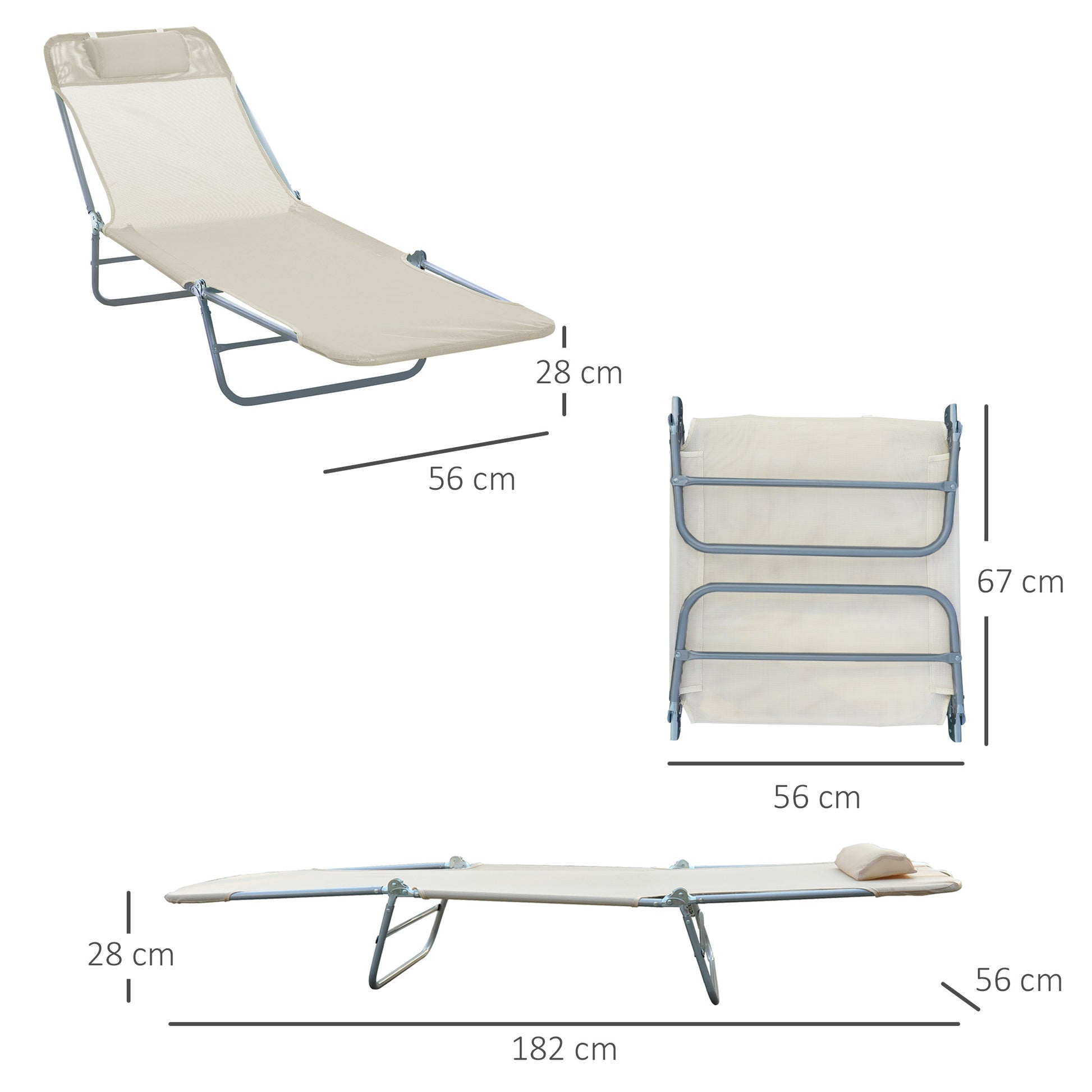 Outsunny Folding Sun Lounger, Texteline Reclining Sun Bed with 5 Position Adjustable Backrest, Headrest, Beige