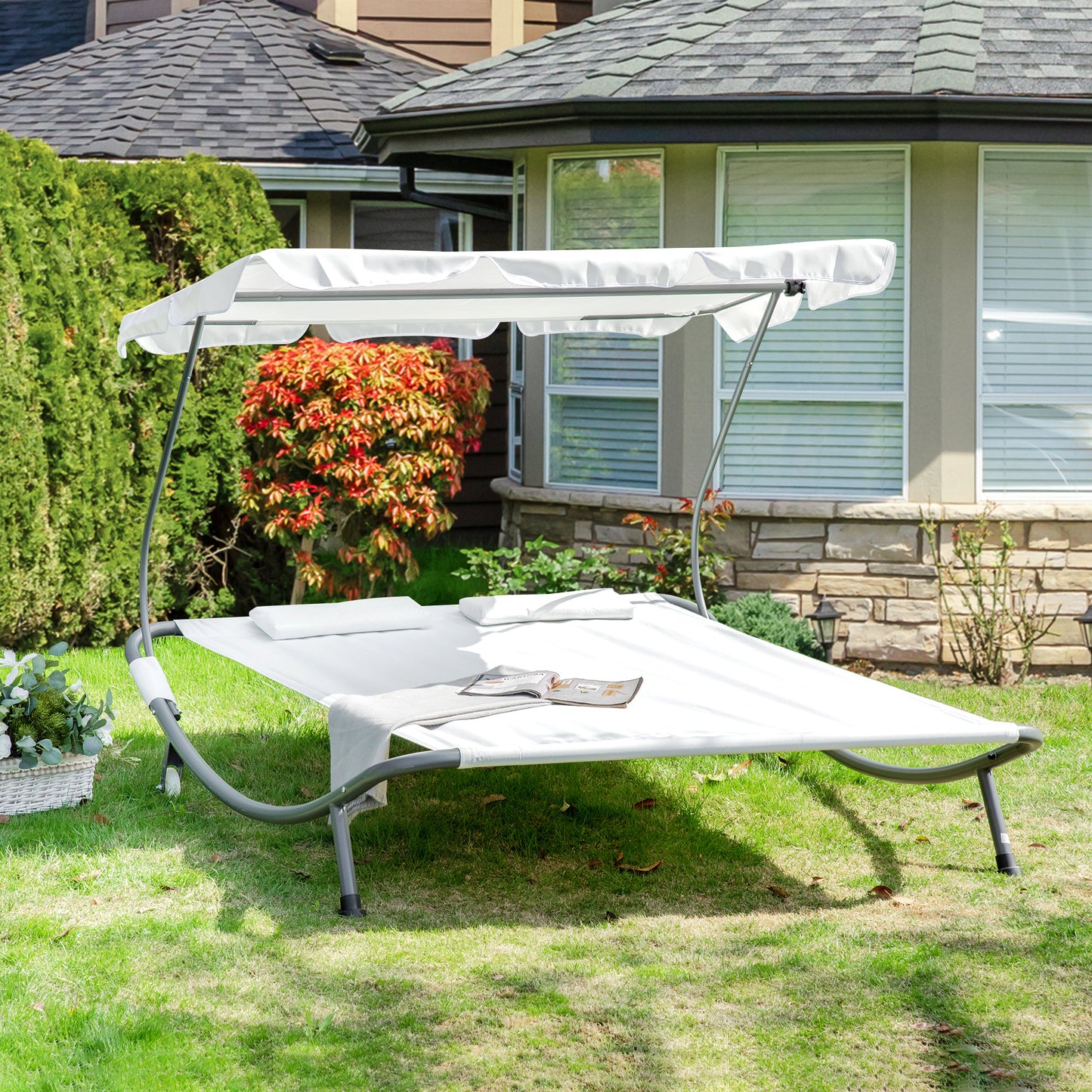 Tivoli Double Sun Lounger with Adjustable Detachable Canopy, Portable Garden Daybed for 2 with Wheels