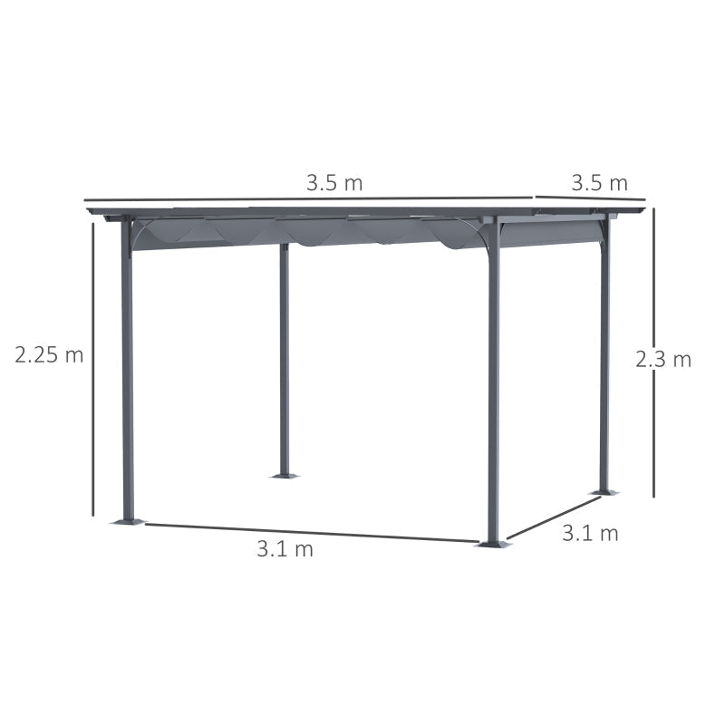 3.5m x 3.5m Grey Metal Pergola with Retractable Canopy – Outdoor Garden Sun Shade Shelter