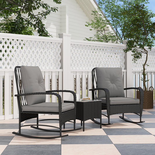 Portofino Three-Piece Rocking Chair Rattan Bistro Set - Black