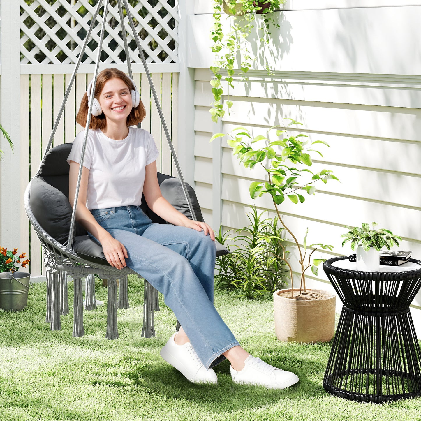 Verona Hanging Chair Outdoor Hammock Chair with Soft Cushion, Cotton Rope Boho Style Swing Chair