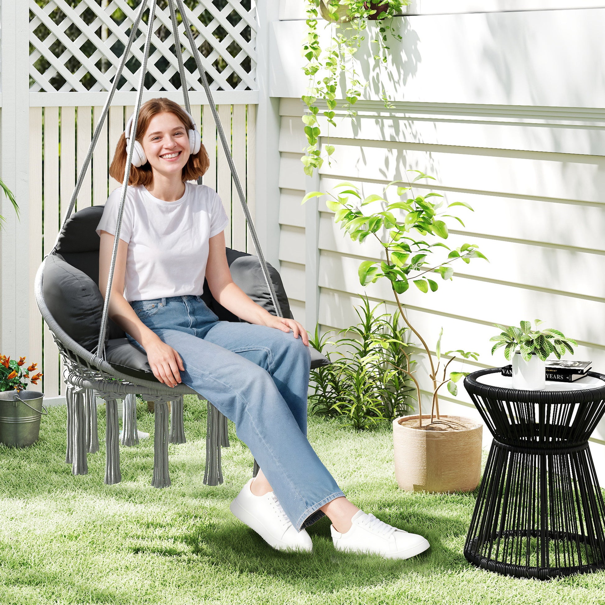 Verona Hanging Chair Outdoor Hammock Chair with Soft Cushion, Cotton Rope Boho Style Swing Chair