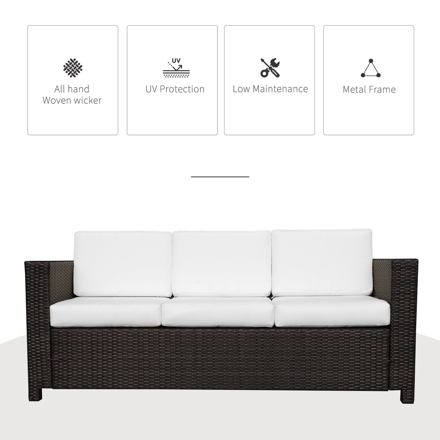 Outsunny 3 Seater Rattan Sofa, All-Weather Wicker Weave Metal Frame Chair with Fire Resistant Cushion, Brown