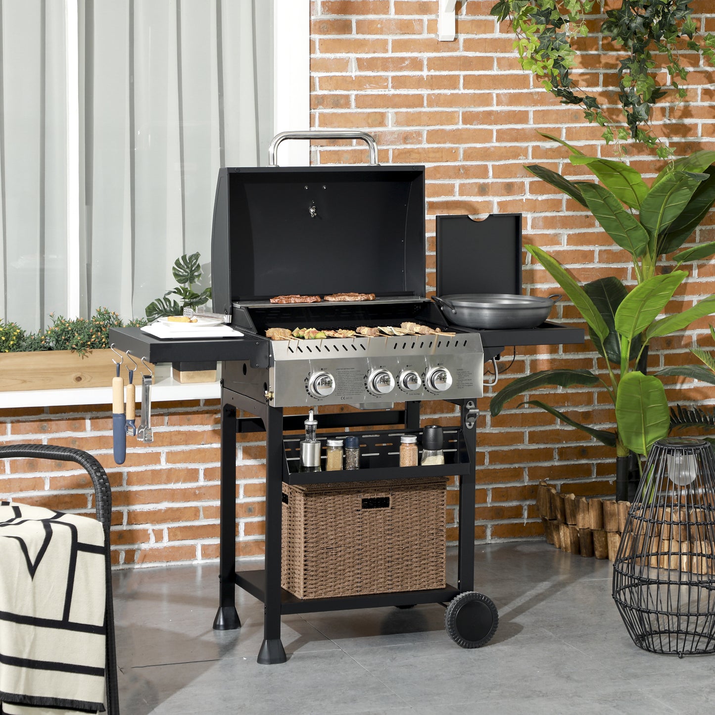 Four-Burner Steel Gas Grill, with Thermometer - Black