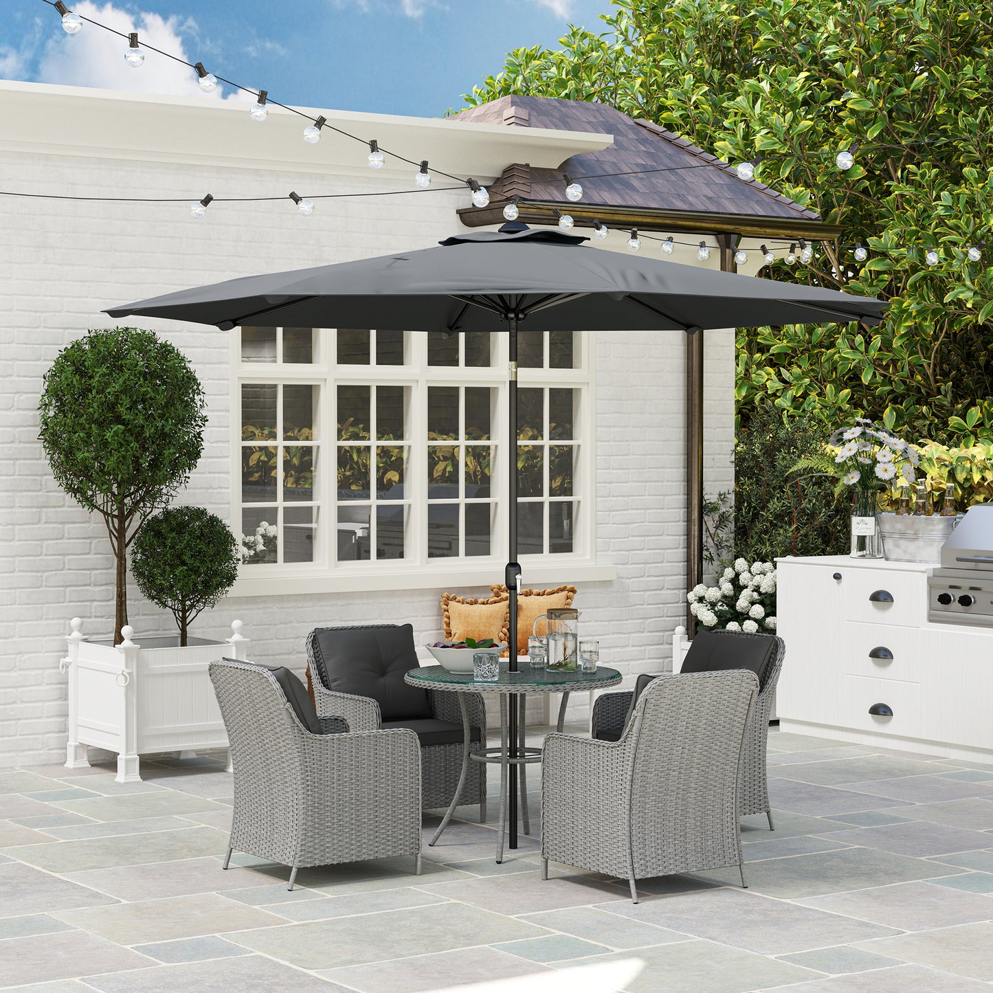Capri 4 Seater Rattan Dining Set with Parasol & Cushions - Light Grey