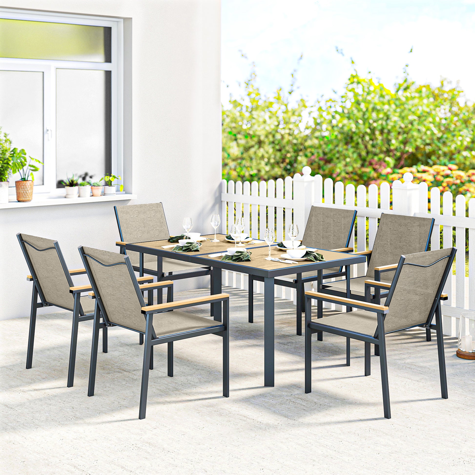 Amalfi Seven-Piece Metal Garden Dining Set, with Glass-Top Table - Khaki