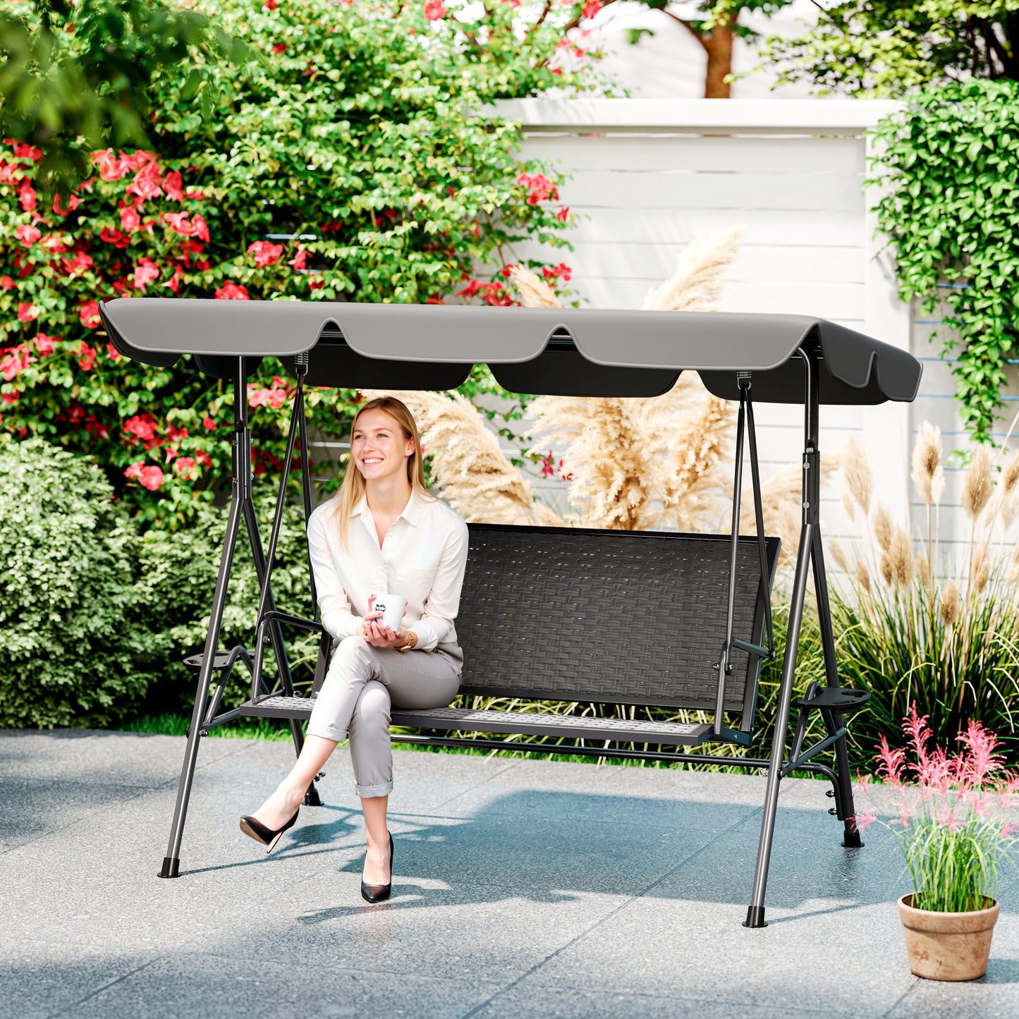 Marbella 3 Seater Swing Chair, Garden Swing Seat Bench with Adjustable Canopy