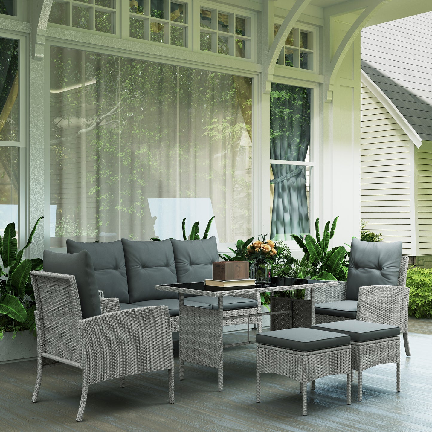 Riviera 7 Seater Rattan Garden Furniture Set, 6 Piece Patio Dining Set, Armchairs, 3-Seater Sofa, Footstools
