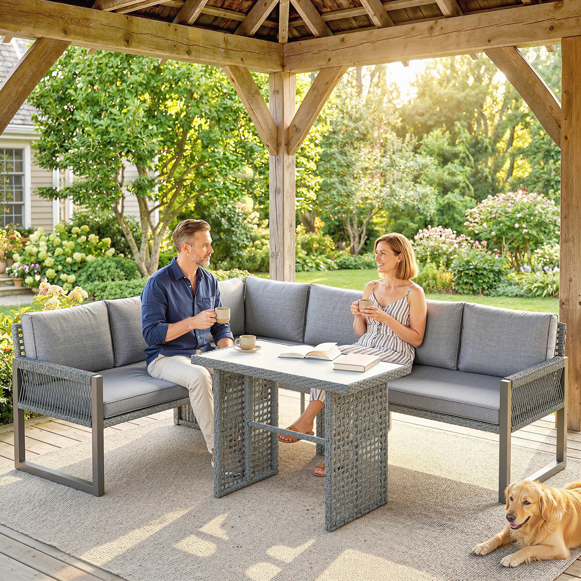 Outsunny 6 Seater Rattan Garden Furniture Set with 3 Loveseats, Table, Patio Rattan Corner Sofa Set, Grey