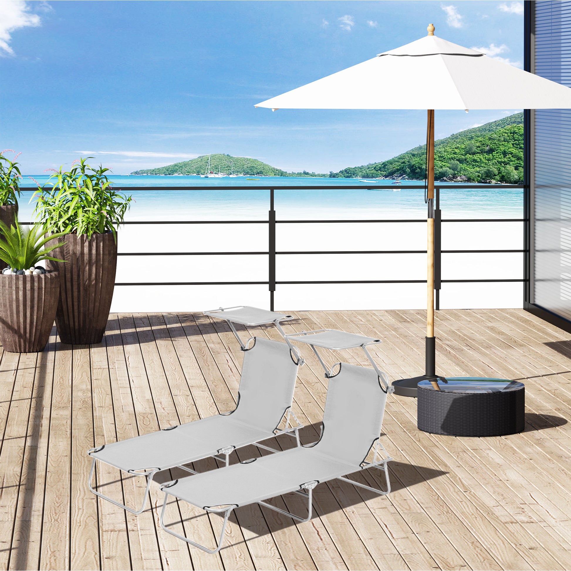 2 Pieces Outdoor Foldable Sun Lounger, 4 Level Adjustable Backrest Reclining Sun Lounger Chair with Angle Adjust Sun Shade Awning for Beach,