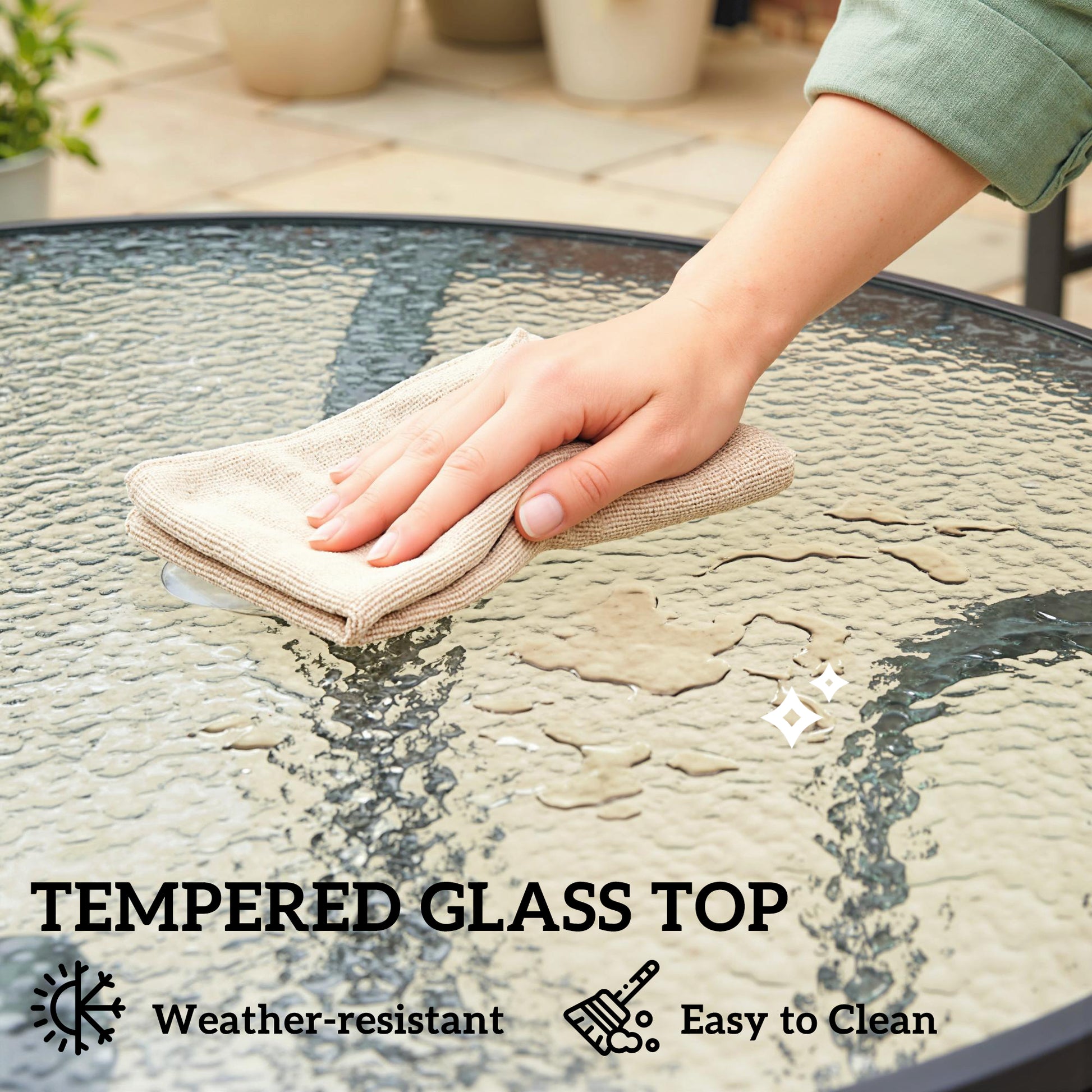 Outsunny Tempered Glass Top Round Outdoor Dining Table with Parasol Hole, 96.5 x 96.5 x 71 cm