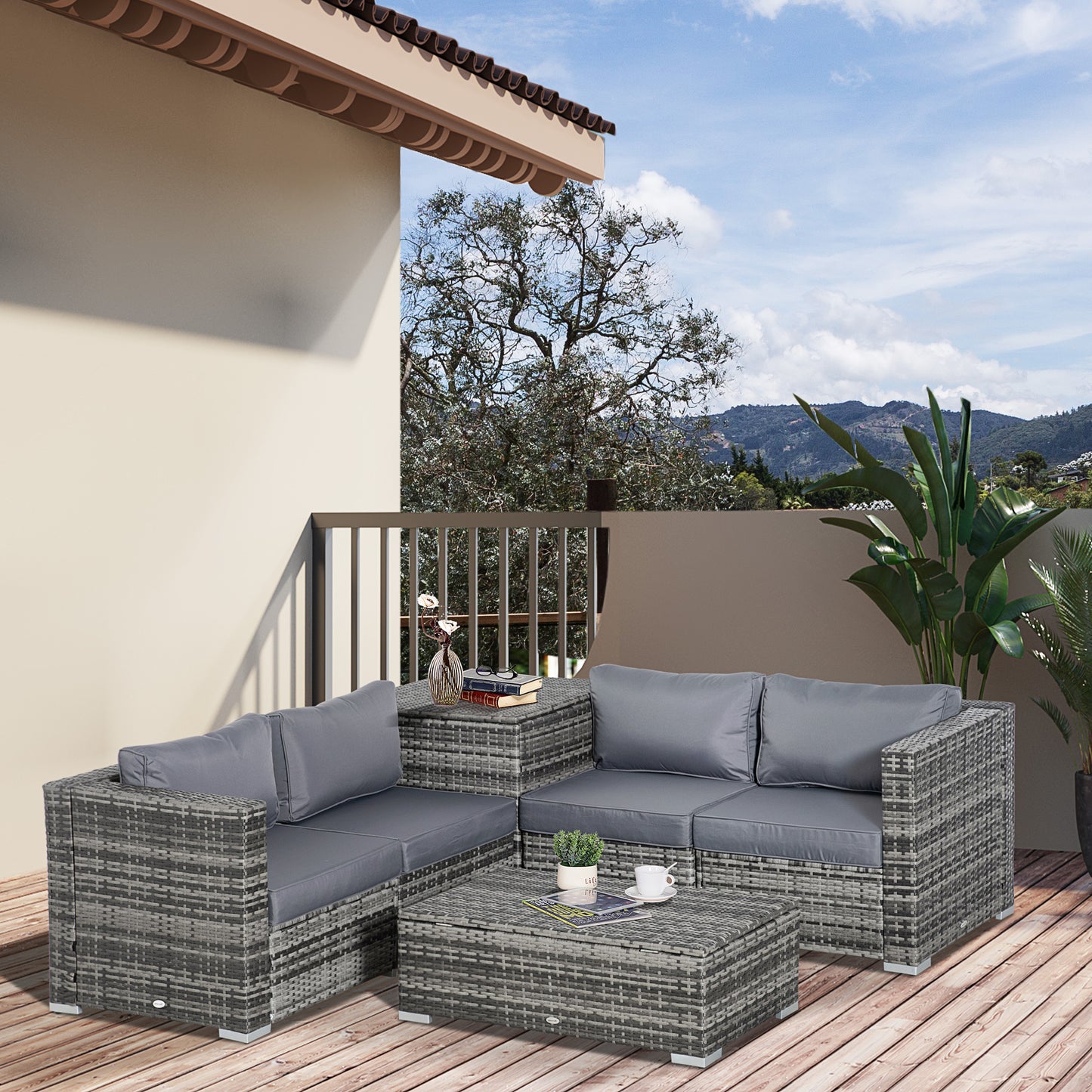 Capri 6PC Rattan Corner Sofa Set Wicker 4 Seater Garden Storage Coffee Table Conversation Ottoman Outdoor Weave
