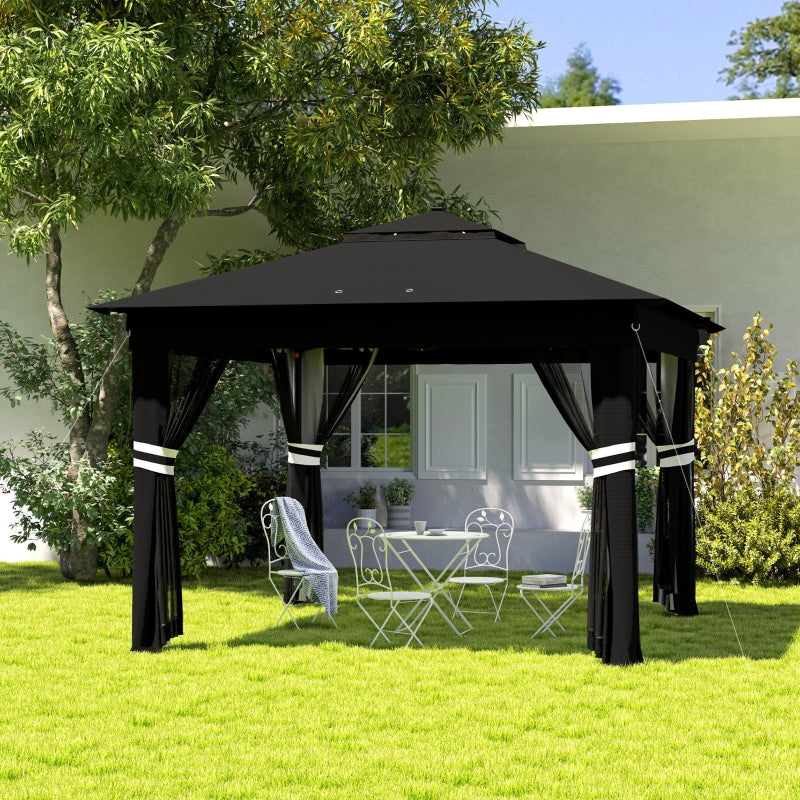 3m x 3m Pop Up Gazebo with Solar LED Lights – Black Outdoor Party Tent with Adjustable Height & Insect Netting