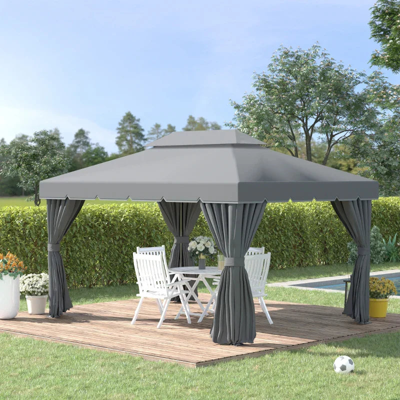 3.9m x 2.9m Dark Grey Aluminium Garden Pavilion – Double Roof Gazebo Canopy with Privacy Curtains, Insect Mesh Netting & Party Shelter Tent