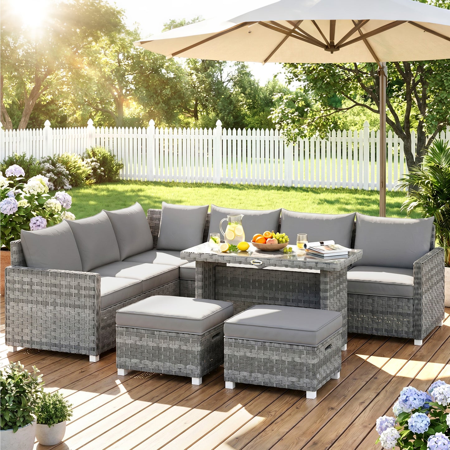 Riviera 6 Seater Rattan Garden Furniture Set with 3 Sofas, 2 Footstools, Table, Patio Rattan Furniture Sofa Sets