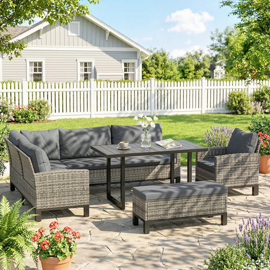 Capri 9 Seater Rattan Garden Furniture Corner Sofa Set, Garden Dining Set with Faux Wood Table, Ottoman, Cushions