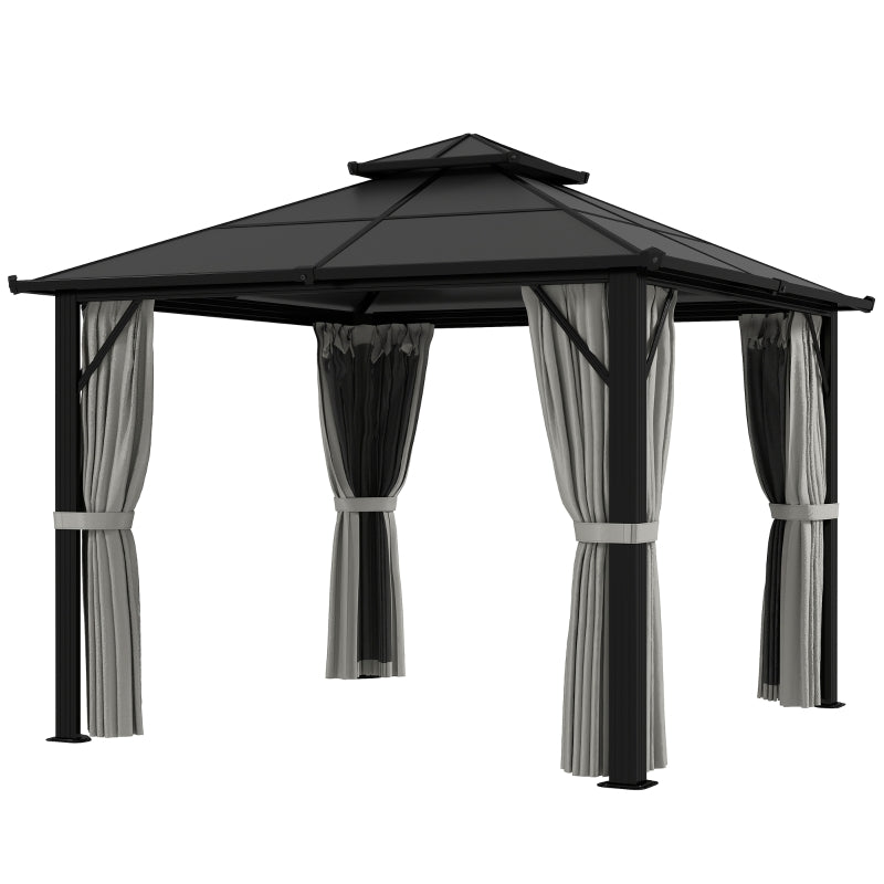 Grey 3m x 3m Permanent Hardtop Gazebo with UPF30+ Polycarbonate Roof, Aluminium Frame, Curtains & Mosquito Netting