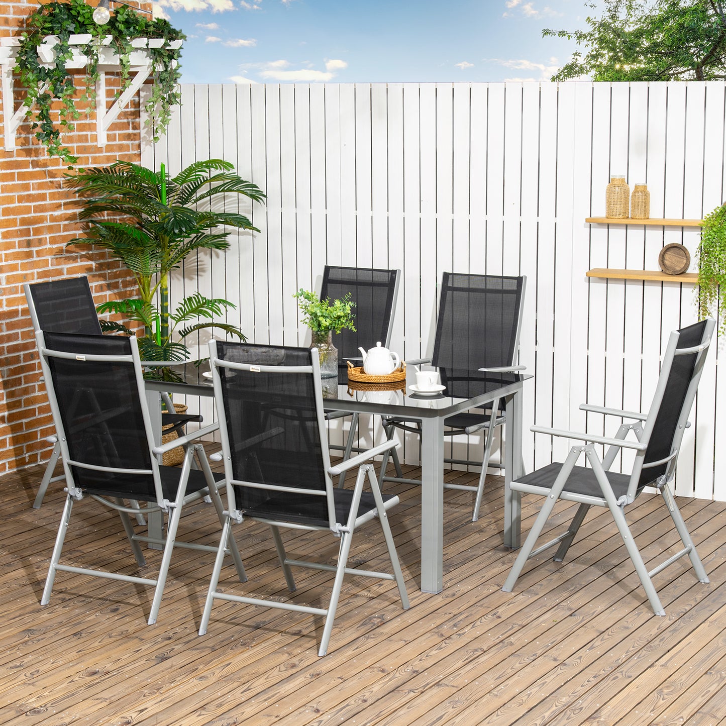 Ibiza 7 Piece Garden Dining Set, Garden Table and 6 Folding and Reclining Chairs, Aluminium Frame