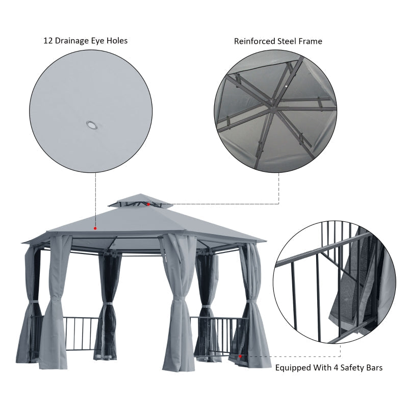 3m x 3m Hexagonal Garden Gazebo with Privacy Curtains & Mesh Insect Screens – Grey Steel Frame Pavilion