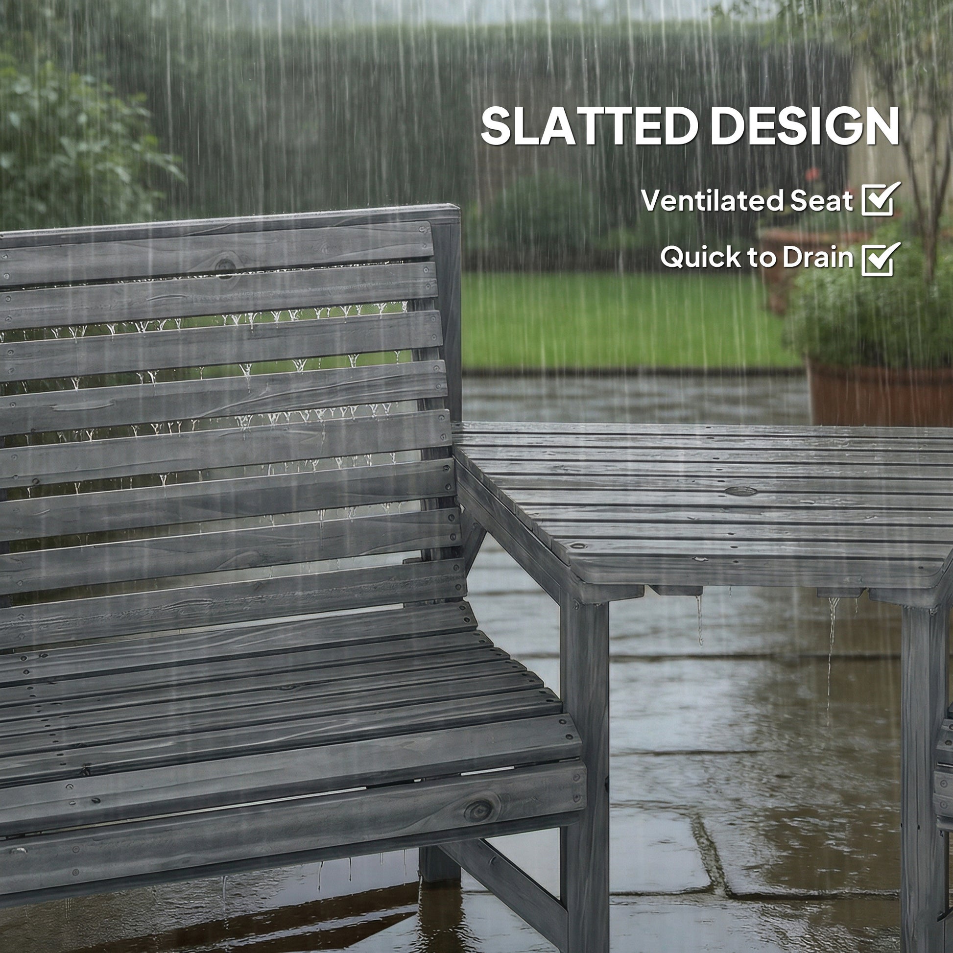 Outsunny Wooden Garden Furniture Set with Parasol Hole, 1 Chair, 1 Bench and Detachable Table, Grey Embossed Finish