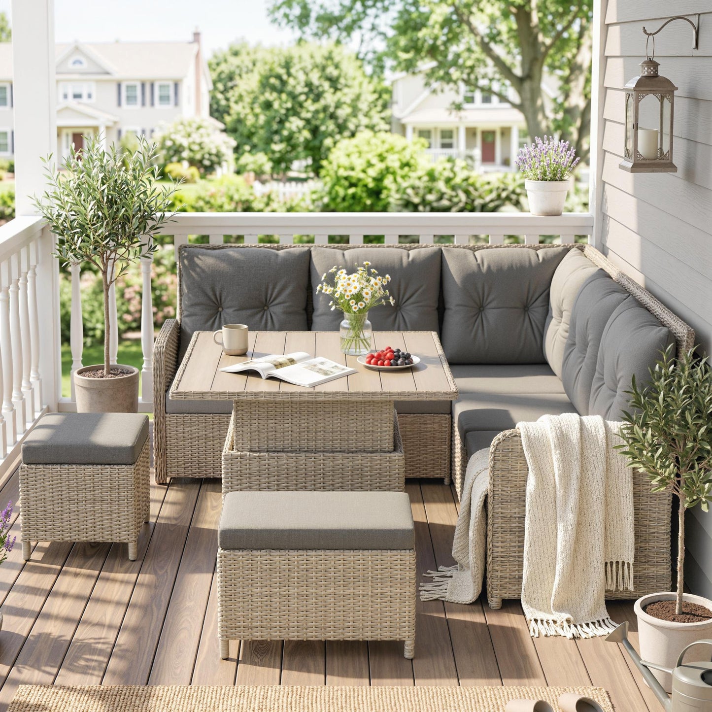 Outsunny 7 Seater Rattan Garden Furniture Set, 6 Piece Patio Dining Set with Liftable Coffee Table and Soft Padded Cushion, Wicker Sectional Conversation Corner Sofa, 123 x 55 x 84 cm, Light Grey