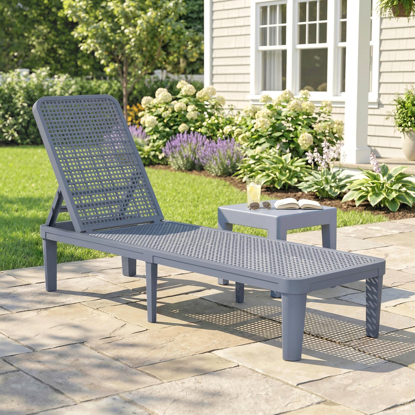 Plastic Sun Lounger, 4-Position Adjustable Reclining Garden Lounger Sunbed for Patio, Beach, Terrace, Dark Grey