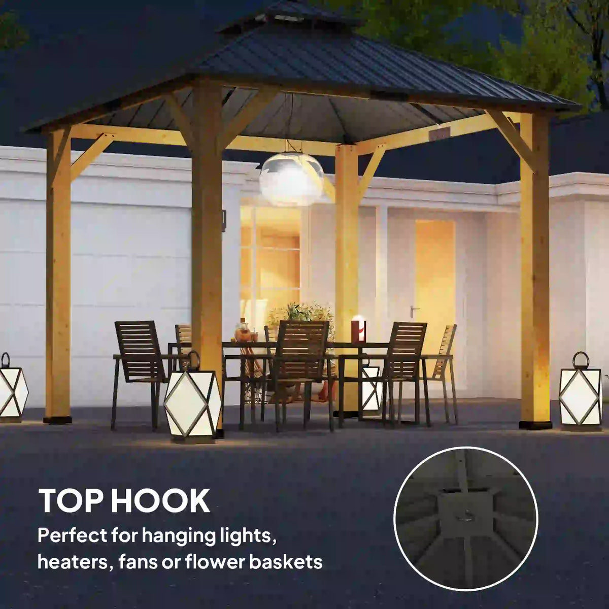 3m x 3m Wooden Frame Hardtop Gazebo with 2 – Tier Galvanised Steel Roof, Aluminium Posts & Grey Outdoor Patio Canopy Shelter